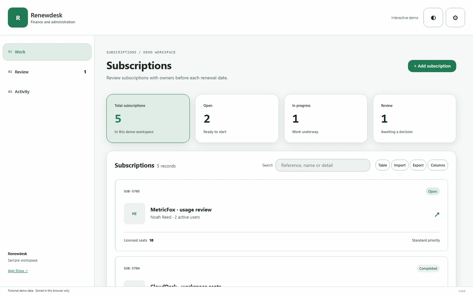 Renewdesk responsive pc workspace with sample business records.