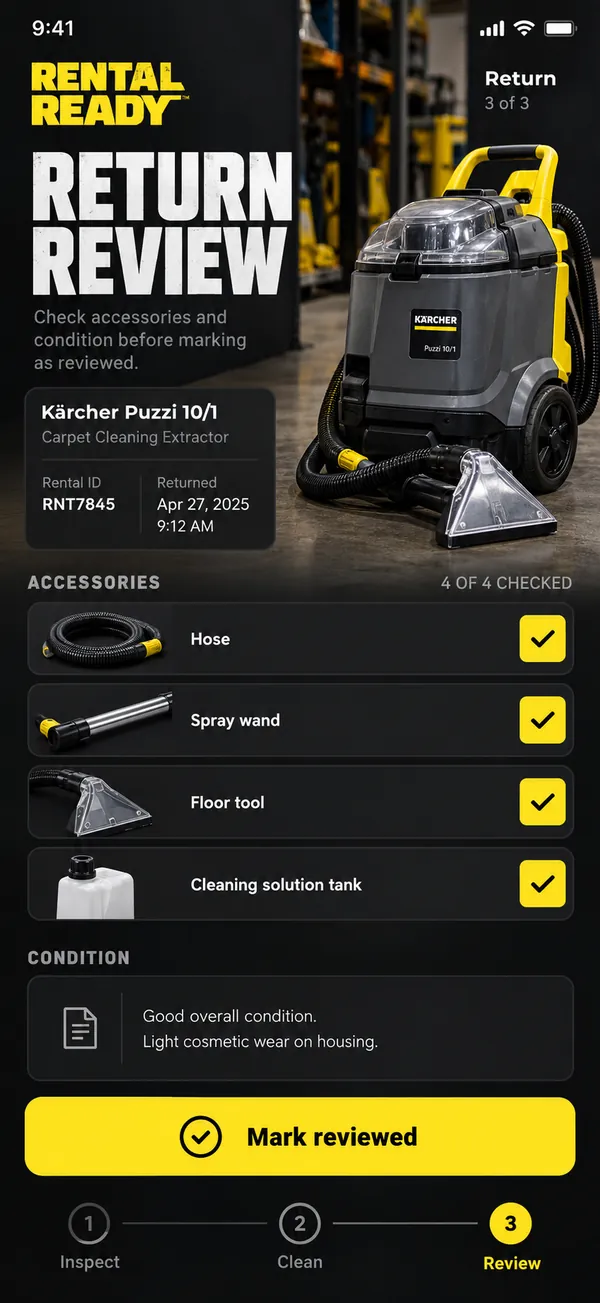 Review the returned equipment against the checklist.