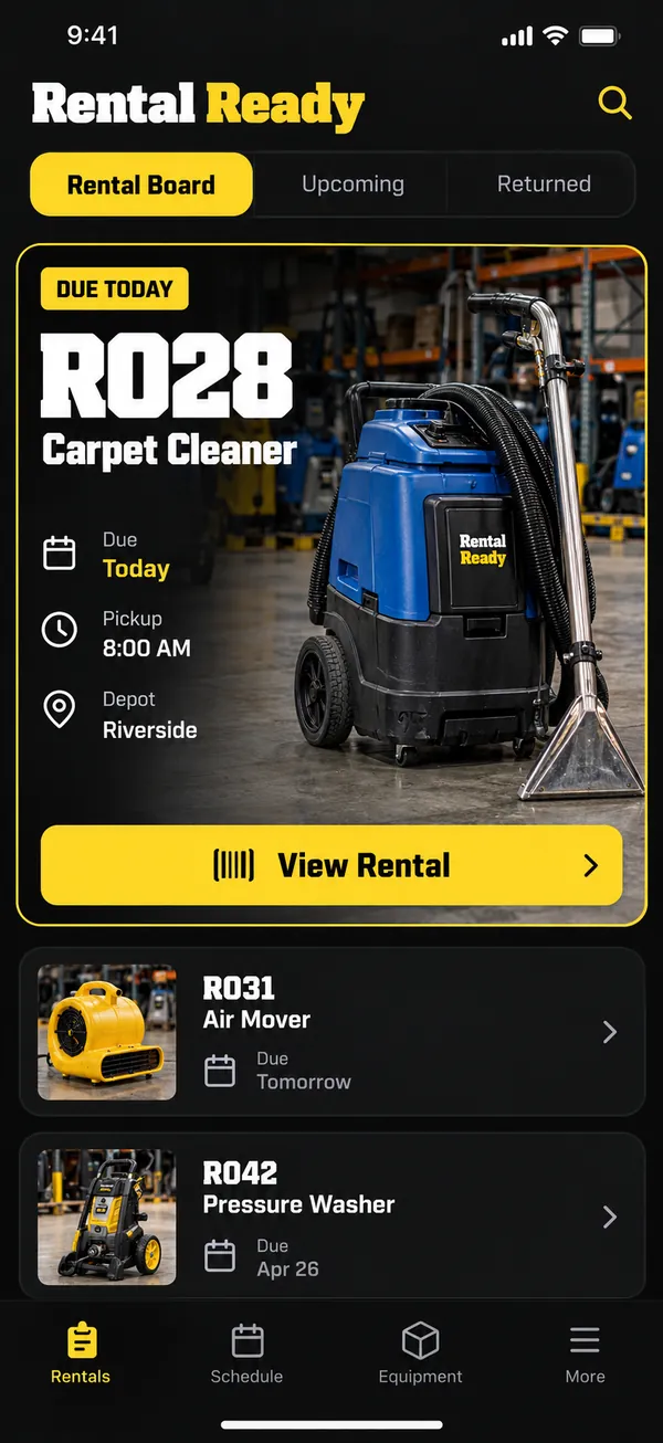 Rental Ready equipment rental app: rentals going out and coming back on one board
