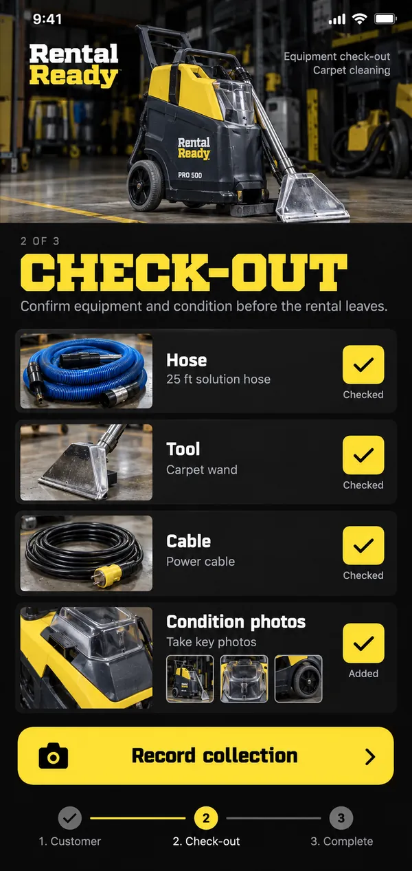 Rental Ready equipment rental app: condition and accessories checked at check-out