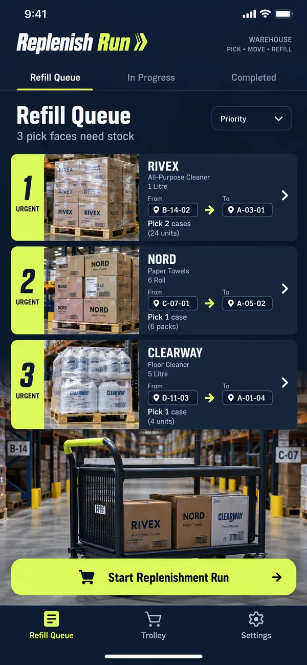 Replenish Run warehouse replenishment app: the queue of locations that need refilling