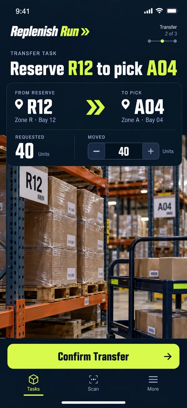 Replenish Run warehouse replenishment app: a transfer from a reserve bin to a pick face