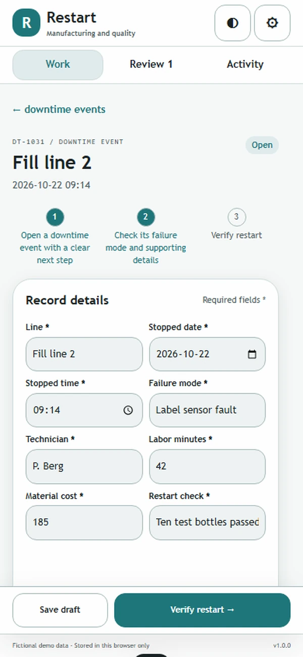Restart: editable business record and action