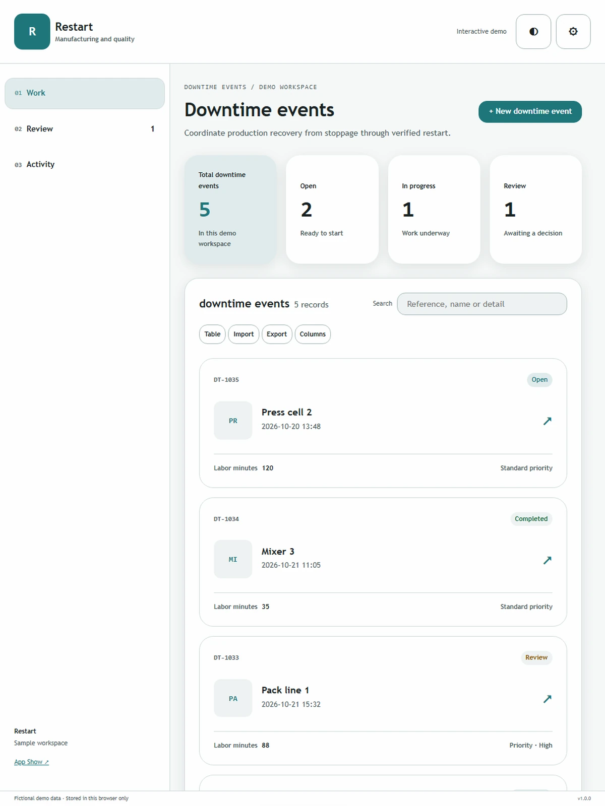 Restart responsive tablet workspace with sample business records.