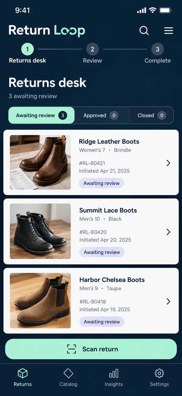 Return Loop retail returns app: finding a purchase and selecting the item being returned