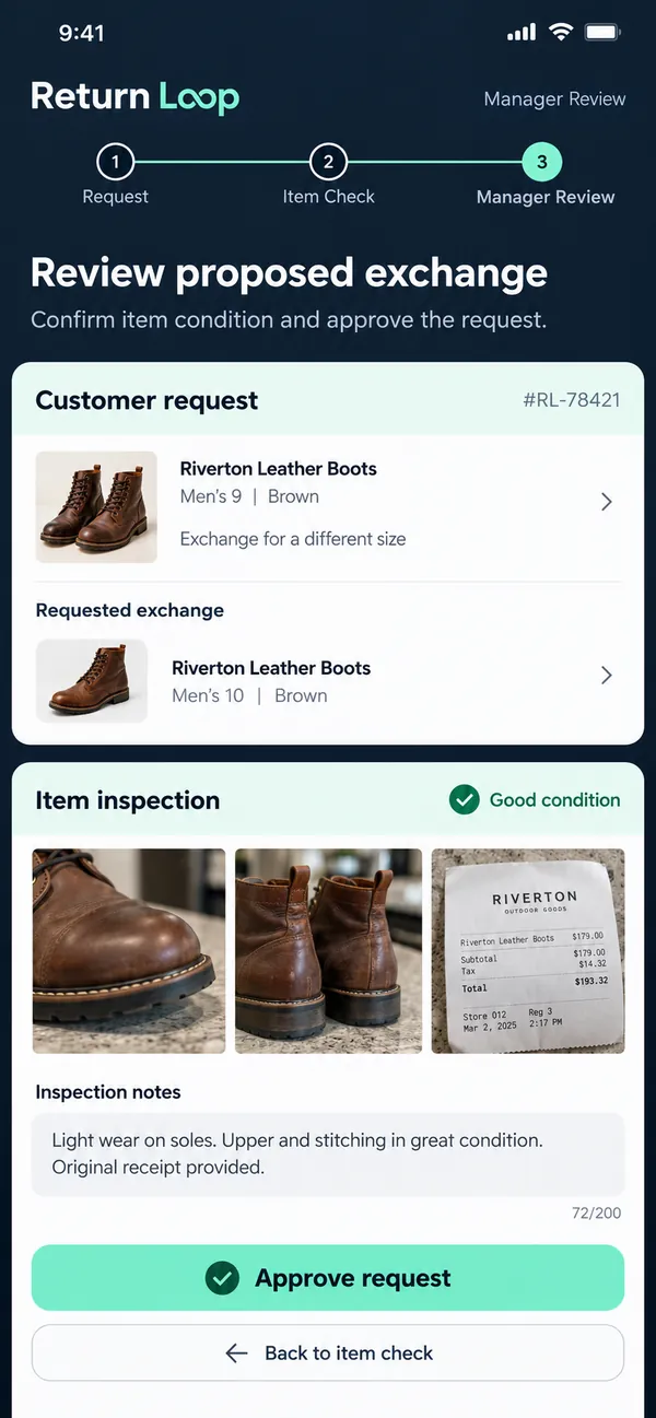Return Loop retail returns app: a return sent on to a manager for review