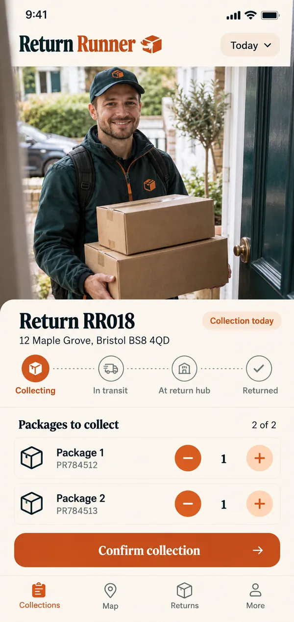 Return Runner parcel return pickup app: the day's return collections listed for the driver to work through
