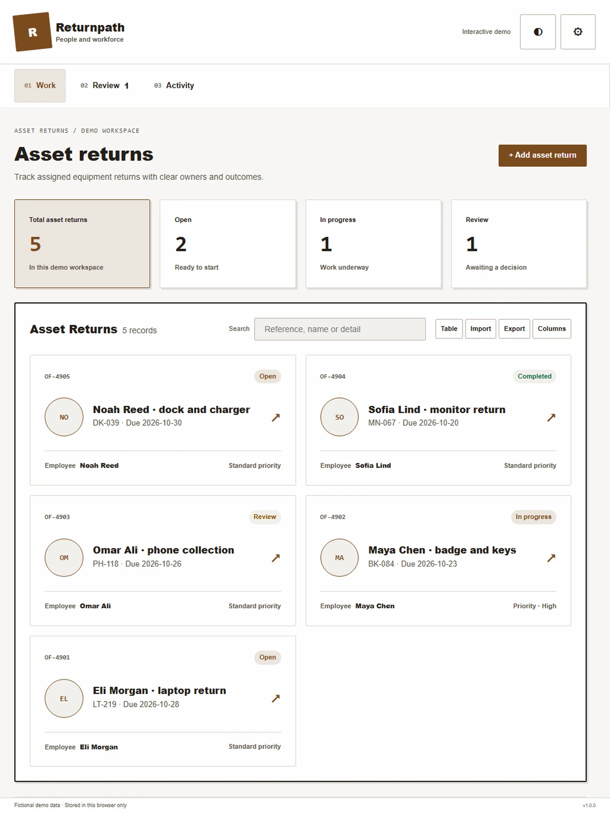 Returnpath responsive tablet workspace with sample business records.