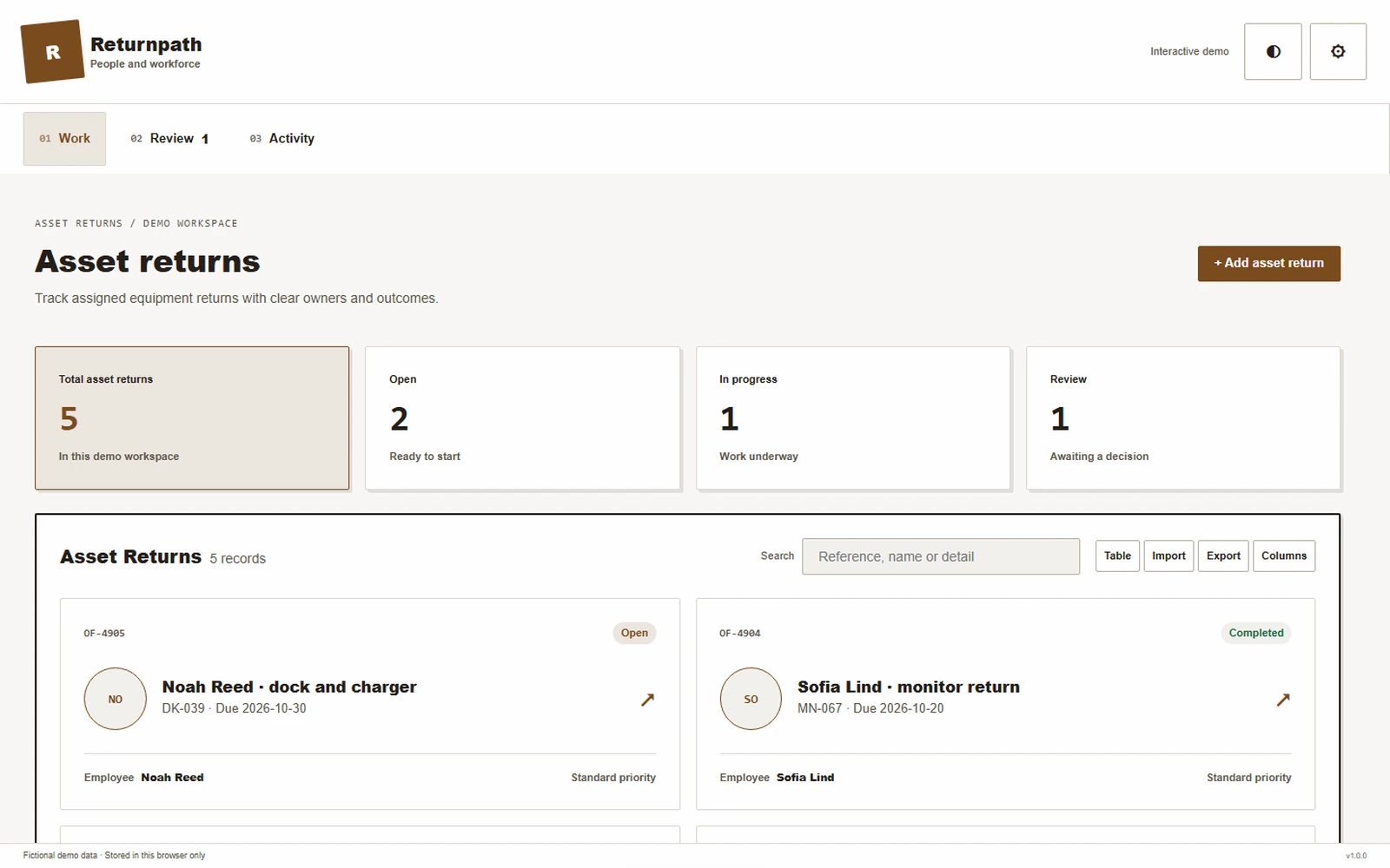 Returnpath responsive pc workspace with sample business records.