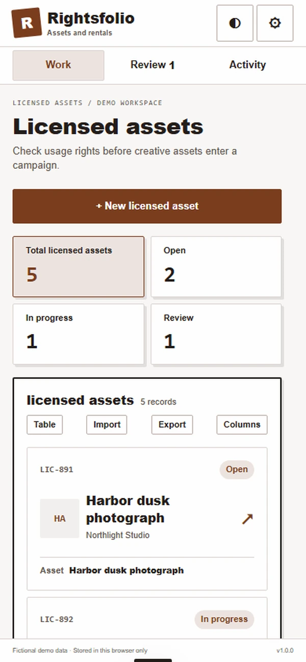 Rightsfolio: work queue with sample records