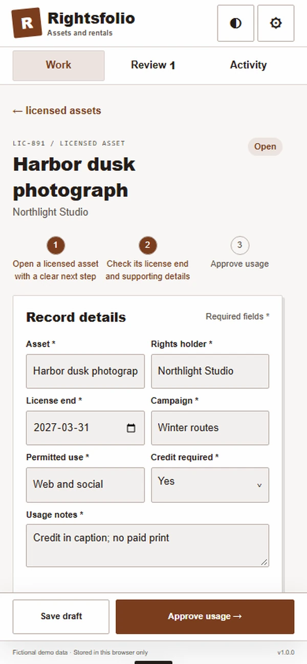 Rightsfolio: editable business record and action