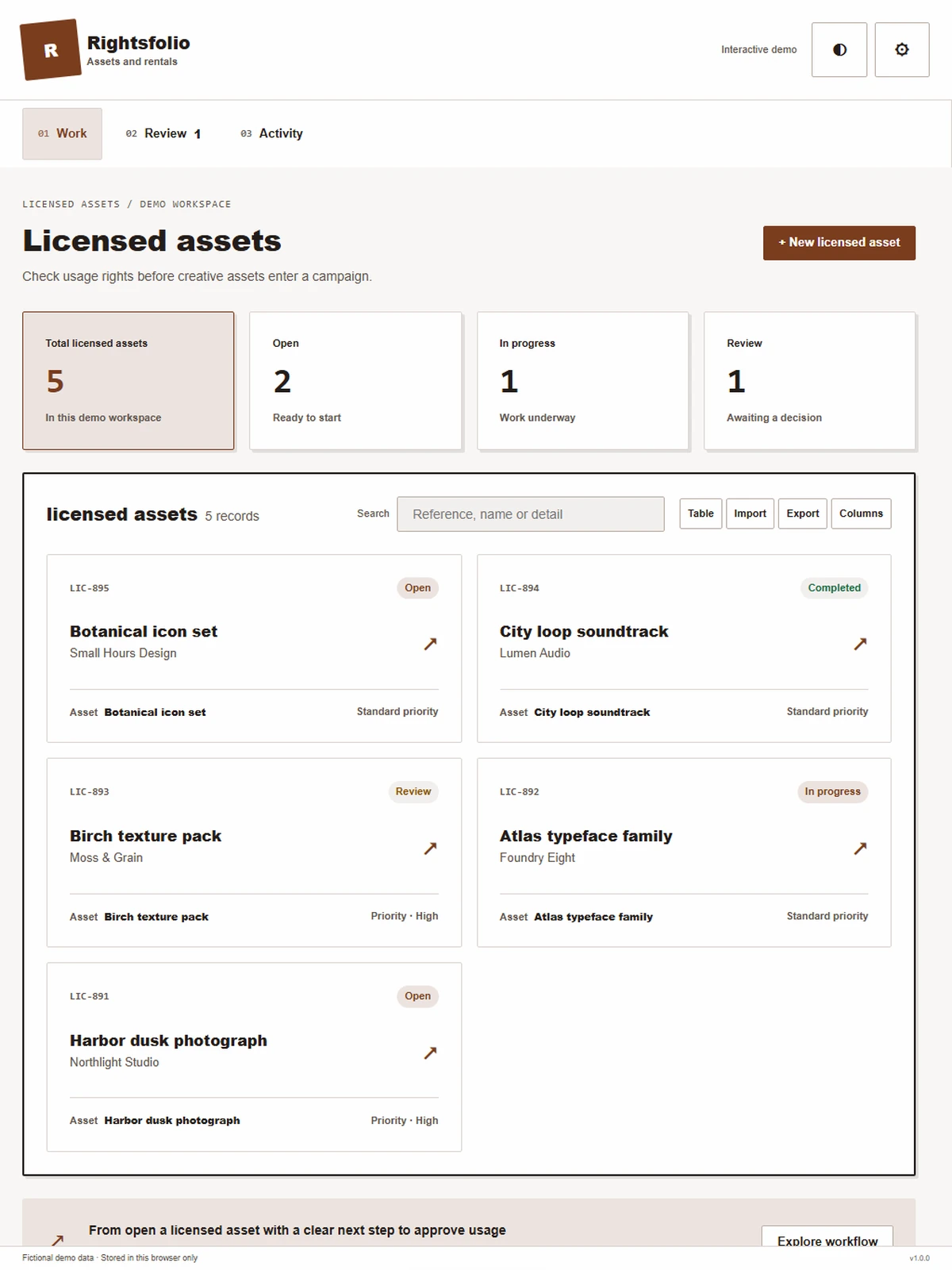 Rightsfolio responsive tablet workspace with sample business records.