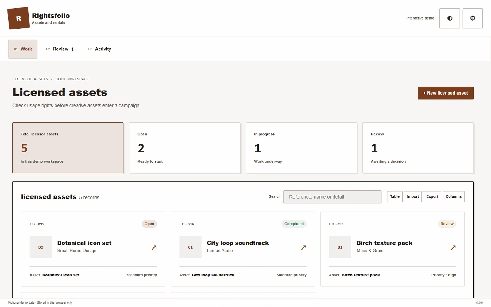 Rightsfolio responsive pc workspace with sample business records.