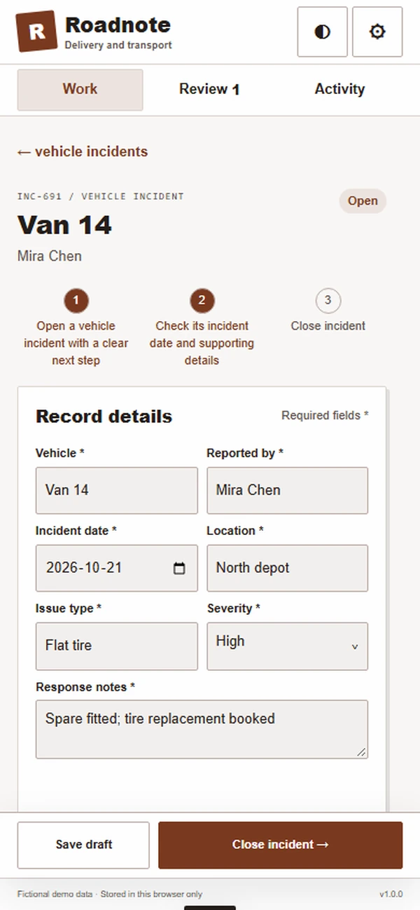 Roadnote: editable business record and action