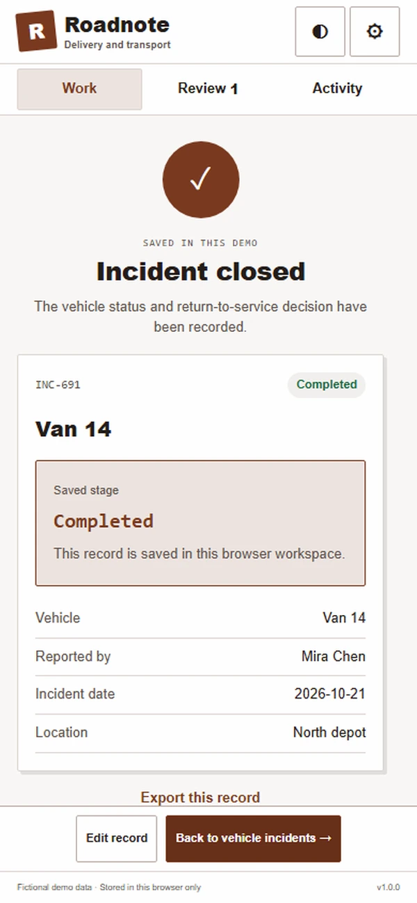 Roadnote: saved result with recorded details