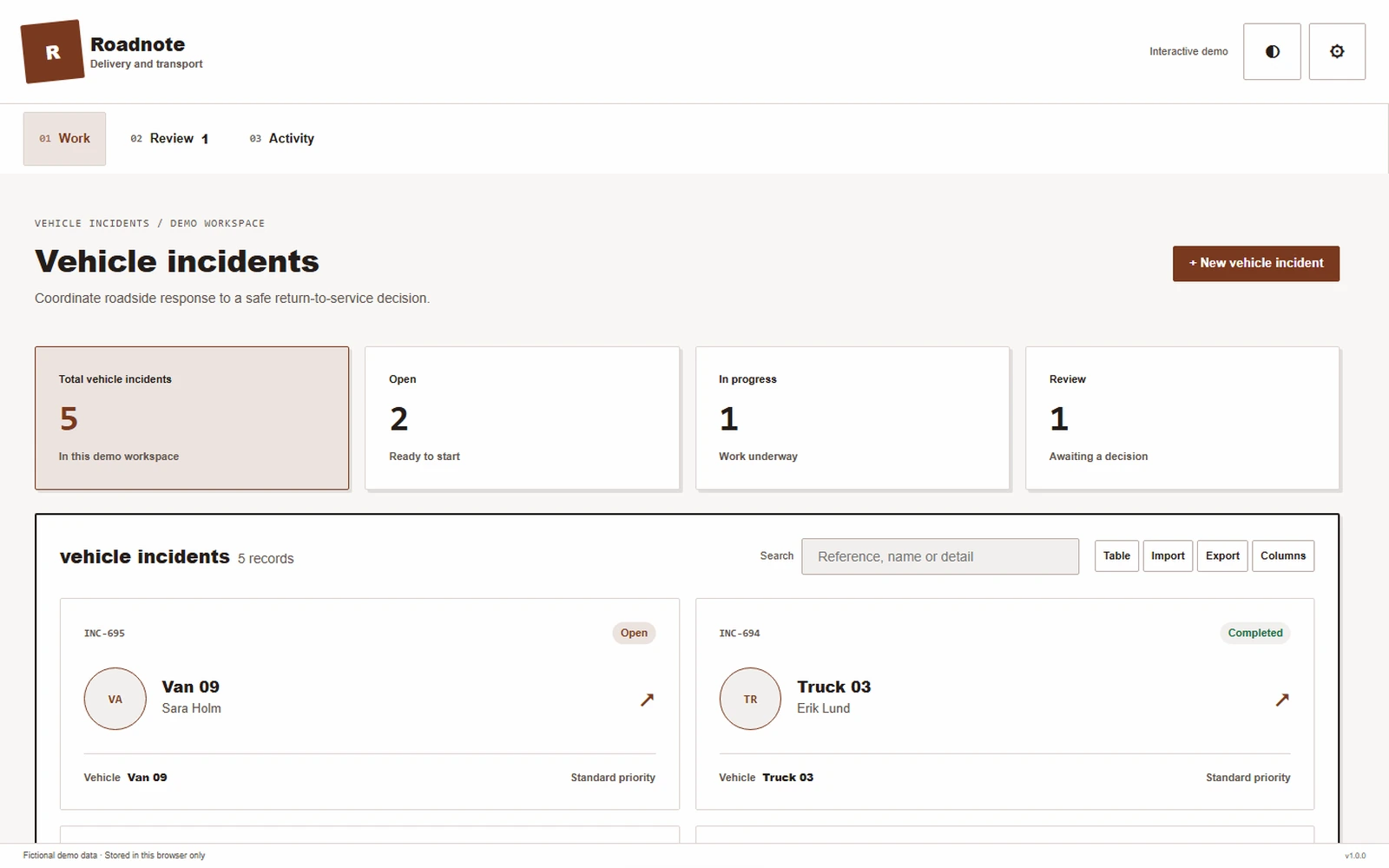 Roadnote responsive pc workspace with sample business records.