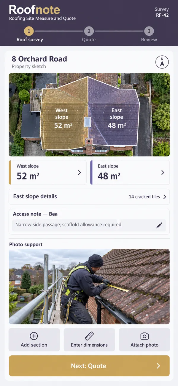 Roofnote roofing estimate app: a property survey anchored to recognizable roof sections