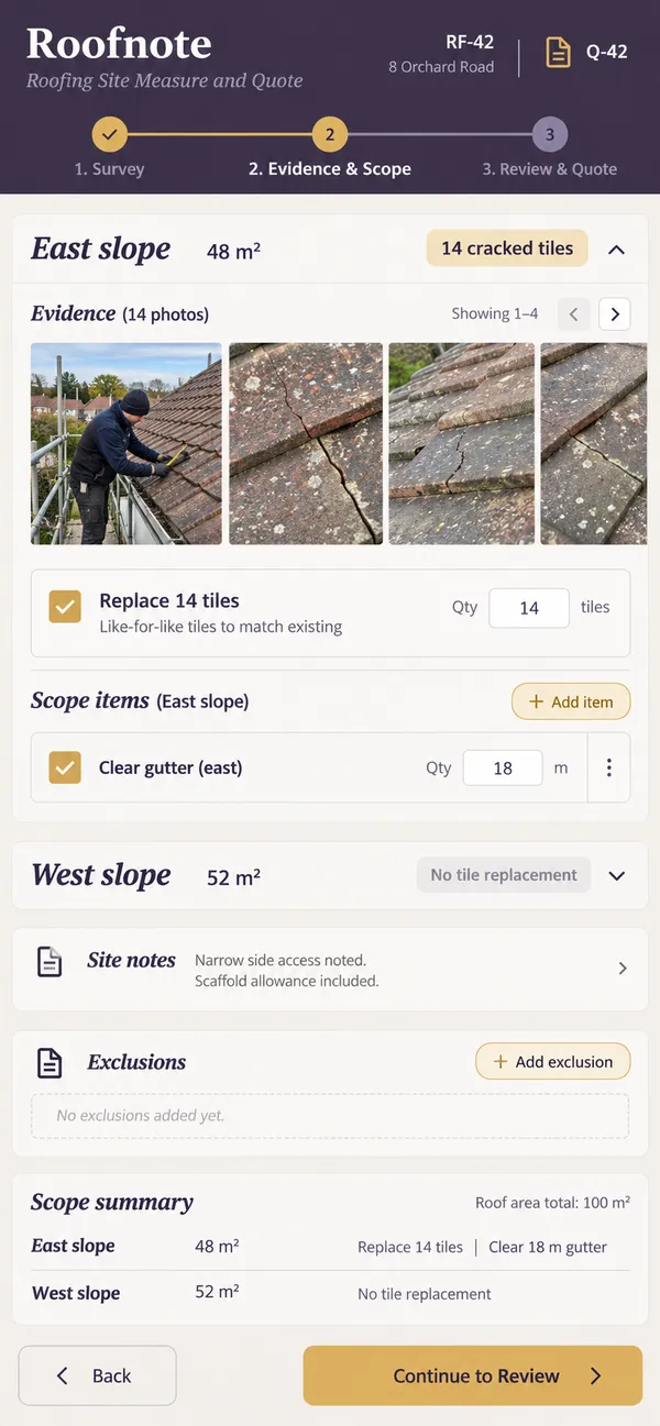 Roofnote roofing estimate app: observed defects turned into a defined scope of work