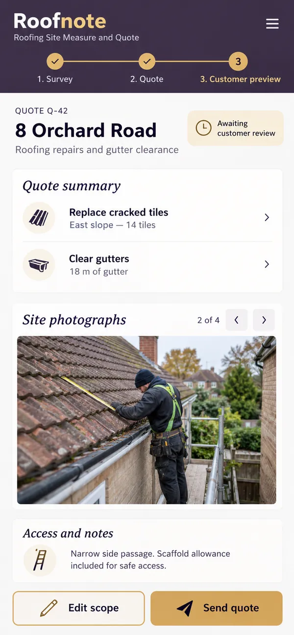 Roofnote roofing estimate app: quote page showing the customer what the work covers