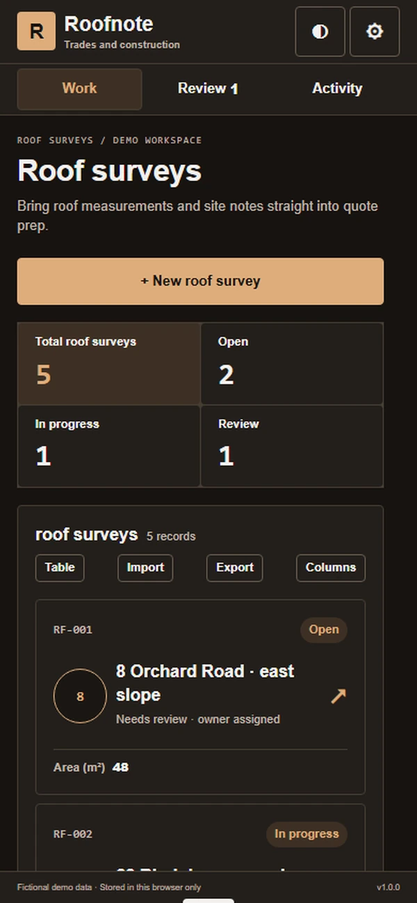 Roofnote roofing estimate app: a property survey anchored to recognizable roof sections