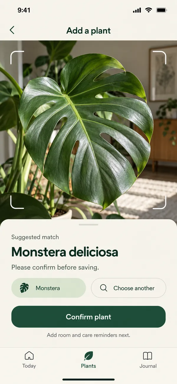 Room for Green houseplant care app: a suggested plant species match to review before saving