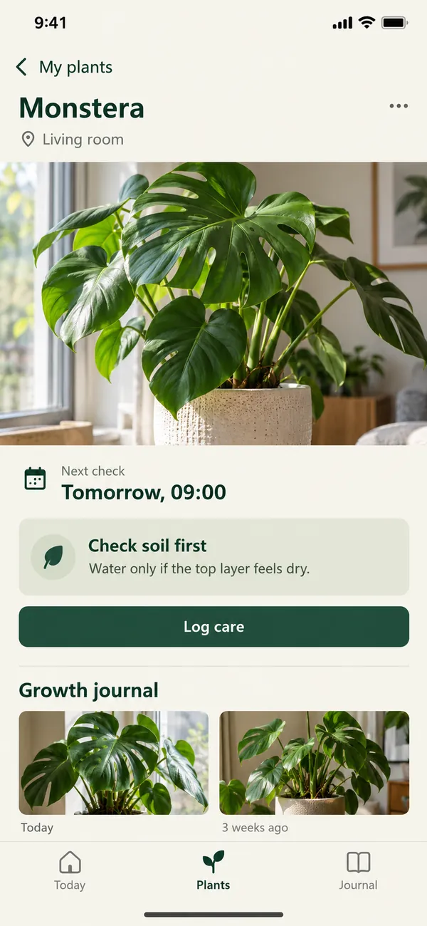 Room for Green houseplant care app: care check history and growth photos to compare over time