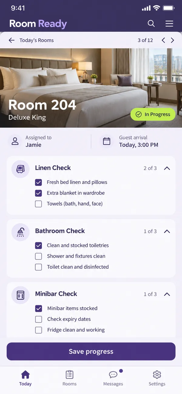Room Ready hotel housekeeping app: room 204 cleaning task for the assigned housekeeper