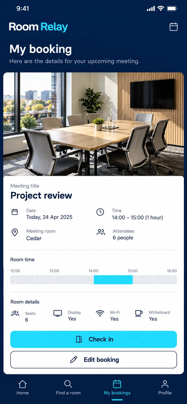 Room Relay meeting room booking app: my booking confirmation for a meeting room