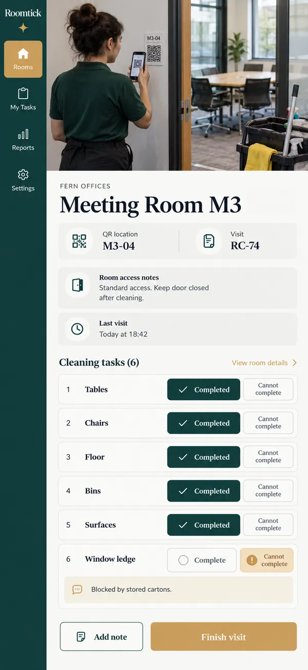 Roomtick room cleaning checklist app: the checklist opened by a QR scan for the room being cleaned
