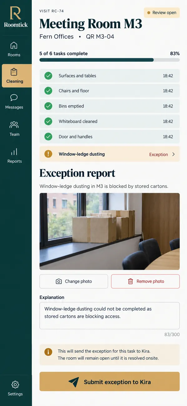 Roomtick room cleaning checklist app: staff note of what prevented completion of a task