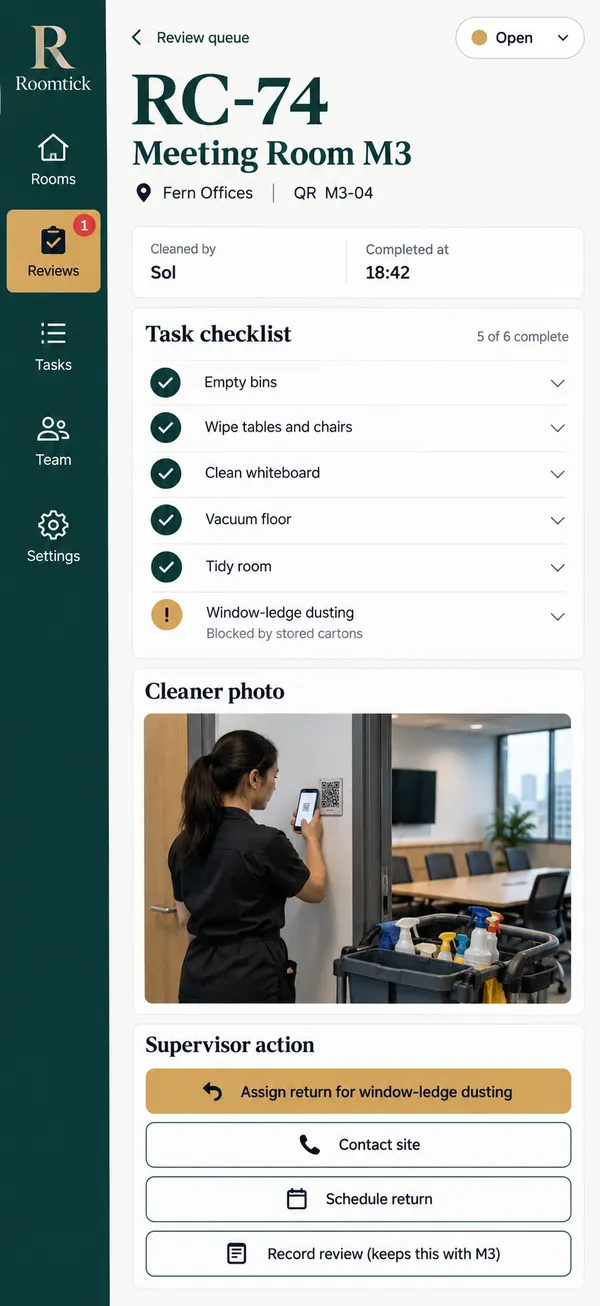 Roomtick room cleaning checklist app: missed work turned into a return task for the supervisor