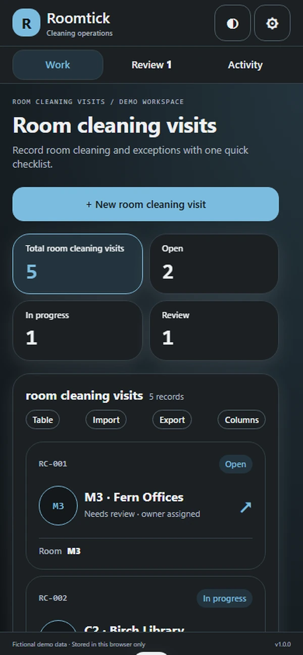Roomtick room cleaning checklist app: the checklist opened by a QR scan for the room being cleaned