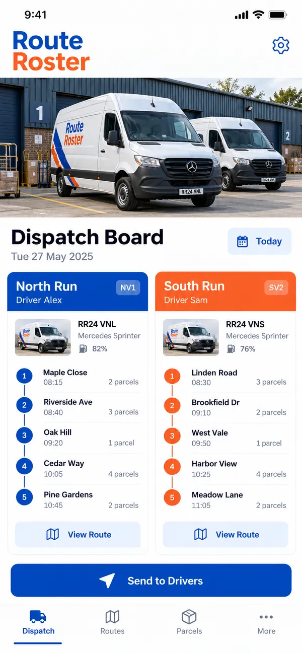 Route Roster courier dispatch app: the day's runs on one dispatch board