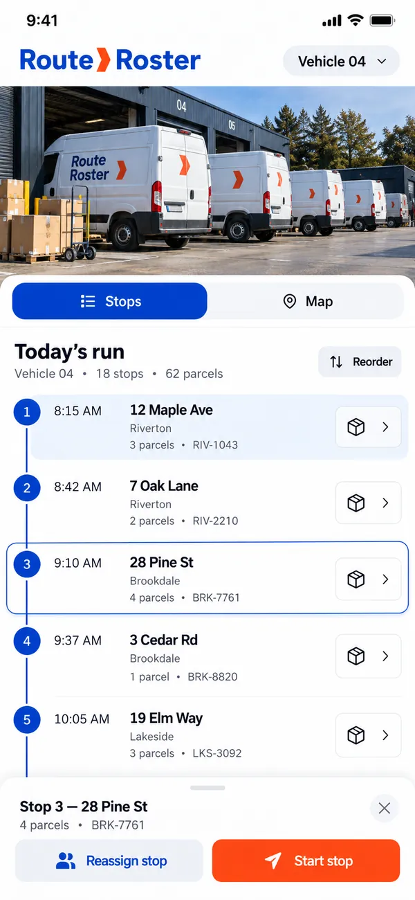 Route Roster courier dispatch app: a run built with its stops, driver and vehicle