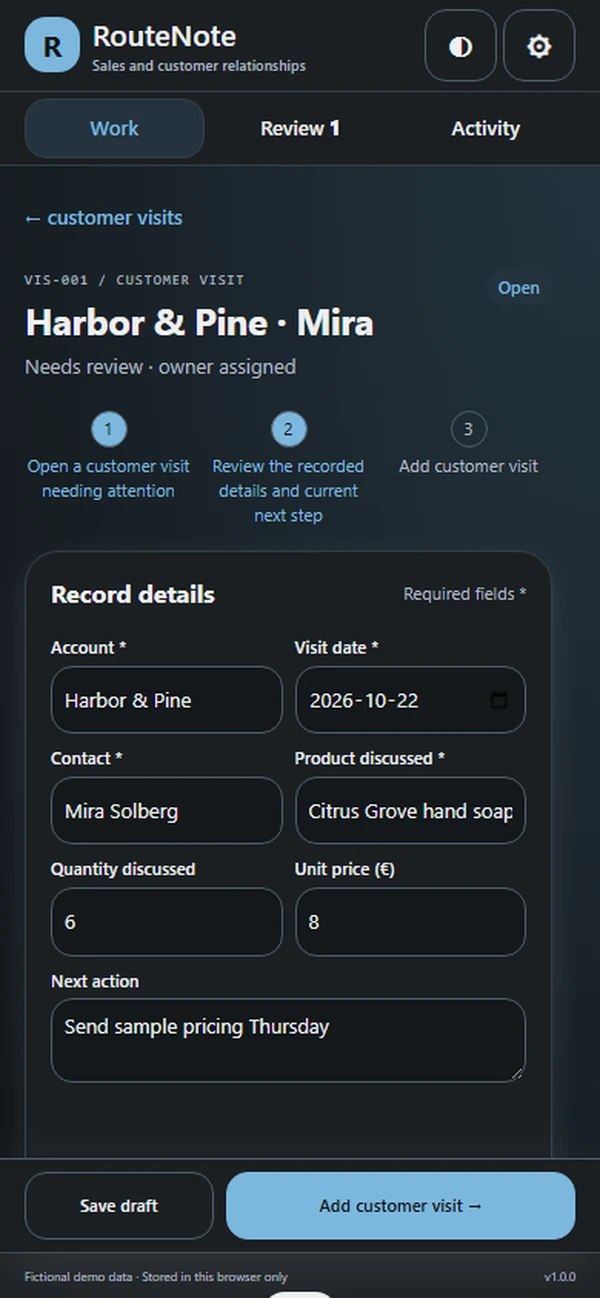 RouteNote: editable business record and action