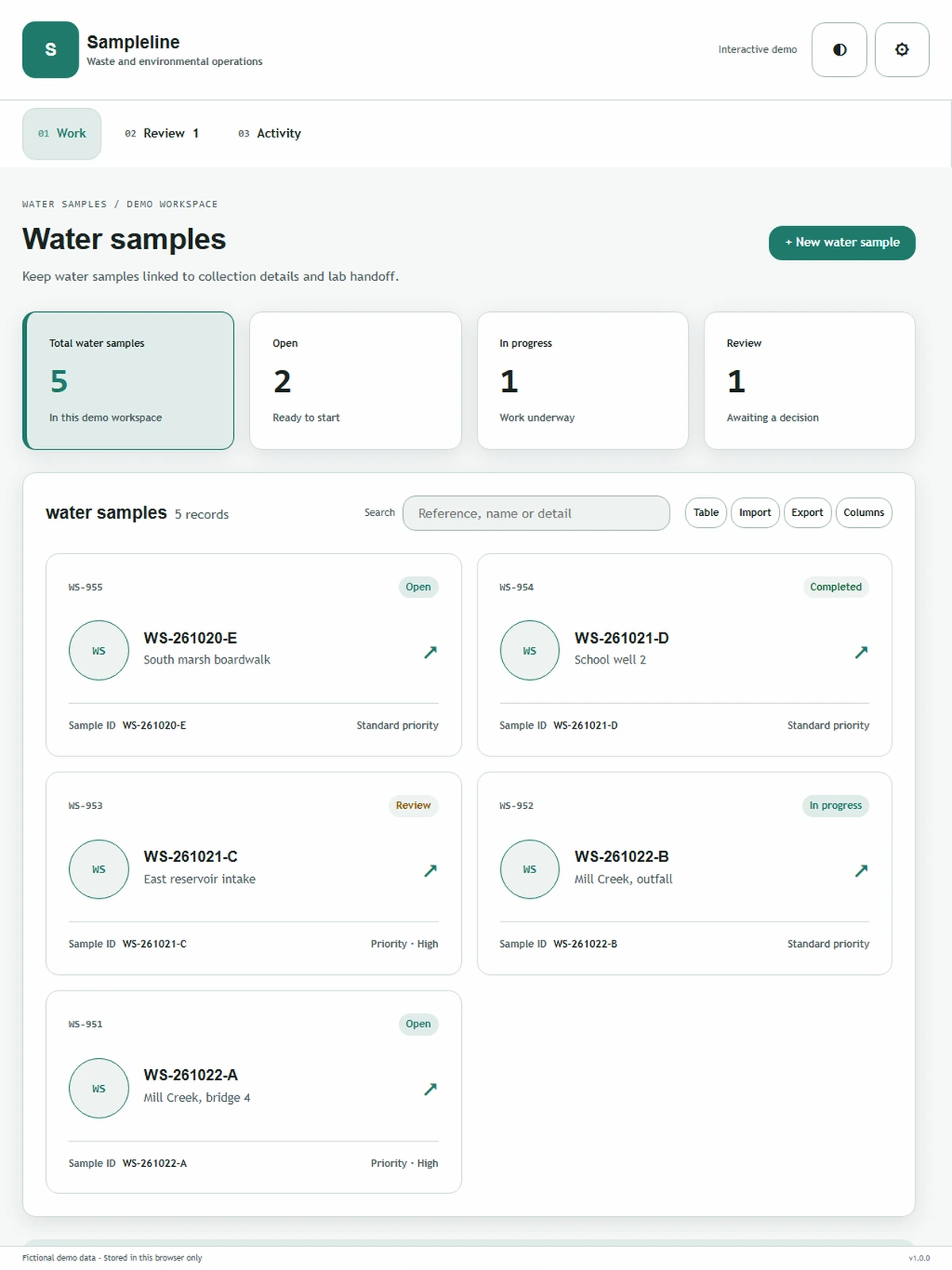 Sampleline responsive tablet workspace with sample business records.