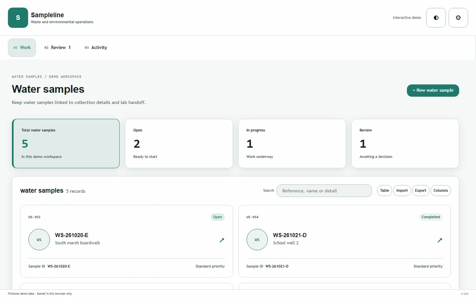 Sampleline responsive pc workspace with sample business records.