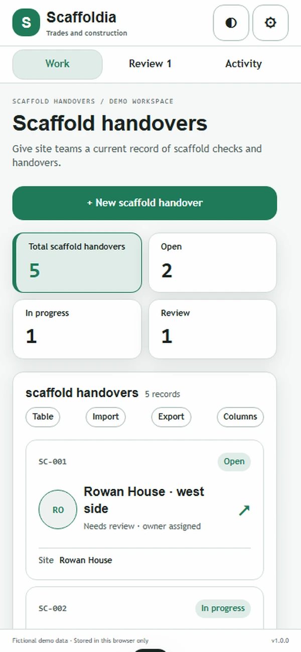 Scaffoldia scaffold inspection app: a handover tied to a specific scaffold section