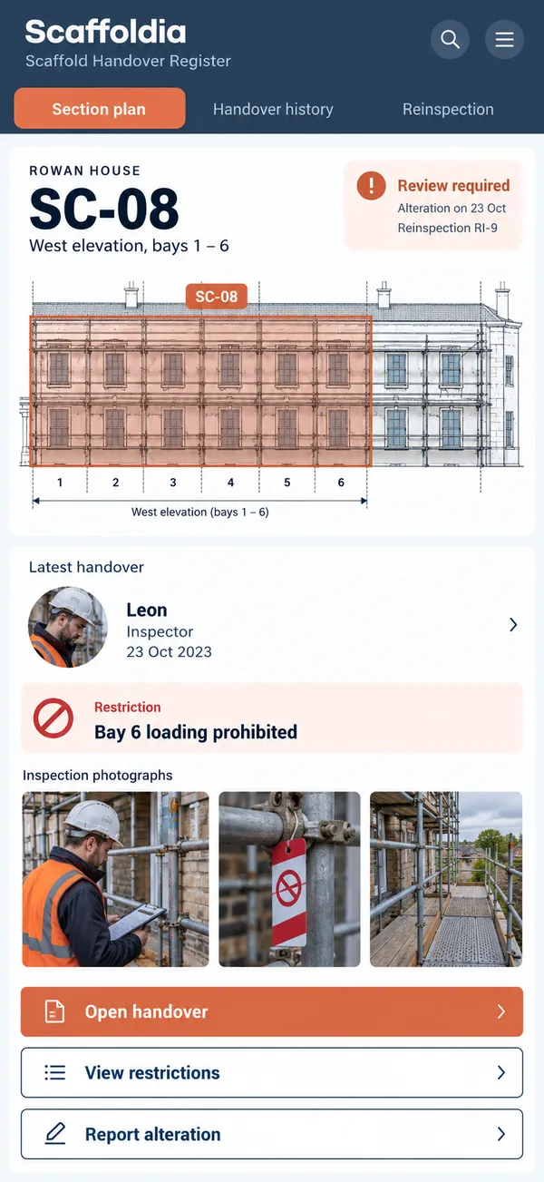 Scaffoldia scaffold inspection app: a handover tied to a specific scaffold section