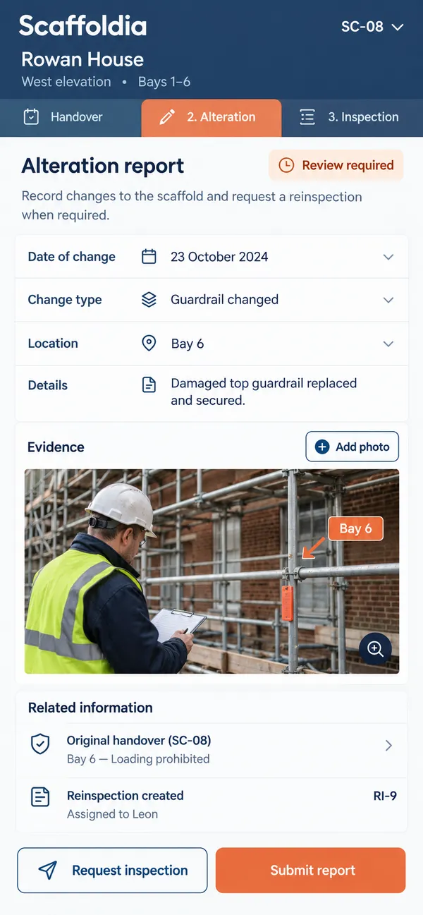 Scaffoldia scaffold inspection app: a structural change flagged for reinspection of the section