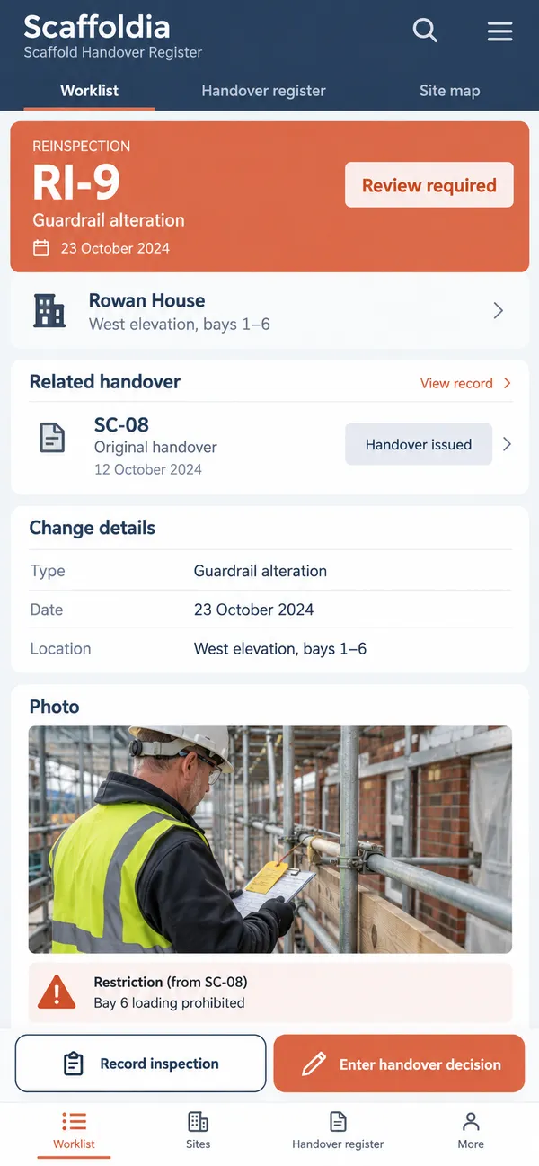 Scaffoldia scaffold inspection app: previous conditions kept available for comparison during review