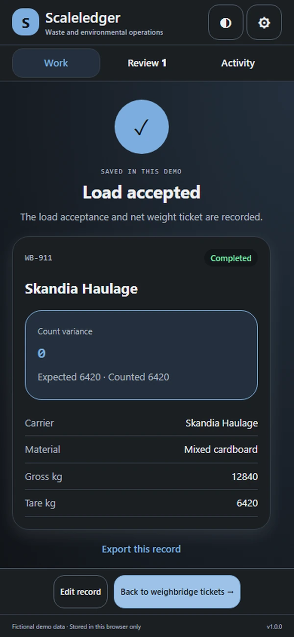 Scaleledger: saved result with recorded details