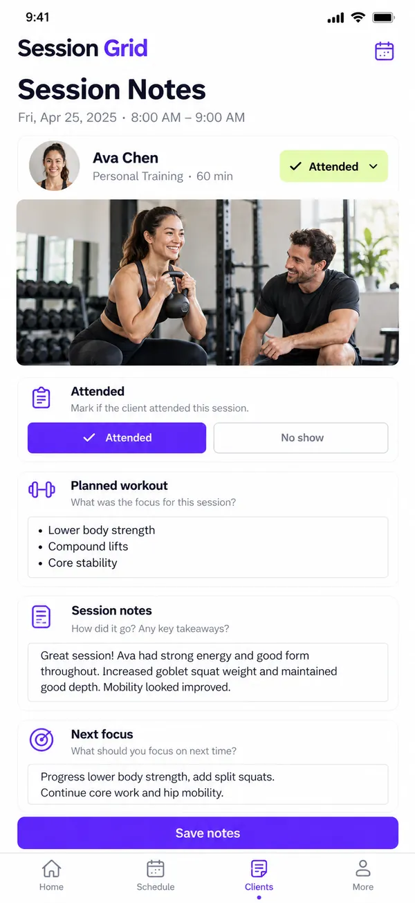 Session Grid personal trainer booking app: session notes and client goals
