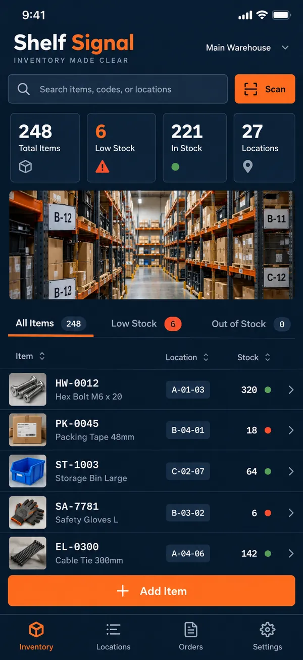 Shelf Signal warehouse inventory app: inventory overview with quantities and shelf locations
