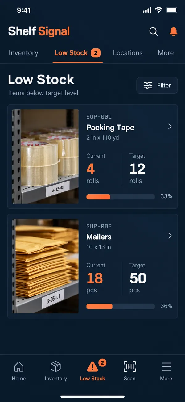 Shelf Signal warehouse inventory app: low stock list of items to reorder