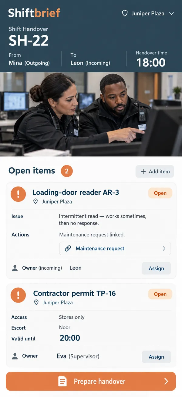Shiftbrief security shift handover app: unresolved access issues listed for the incoming team