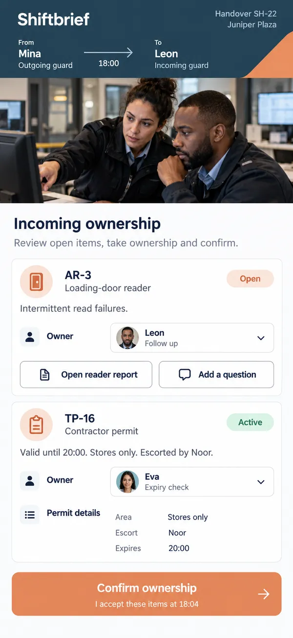 Shiftbrief security shift handover app: owners and temporary access conditions shown for each issue