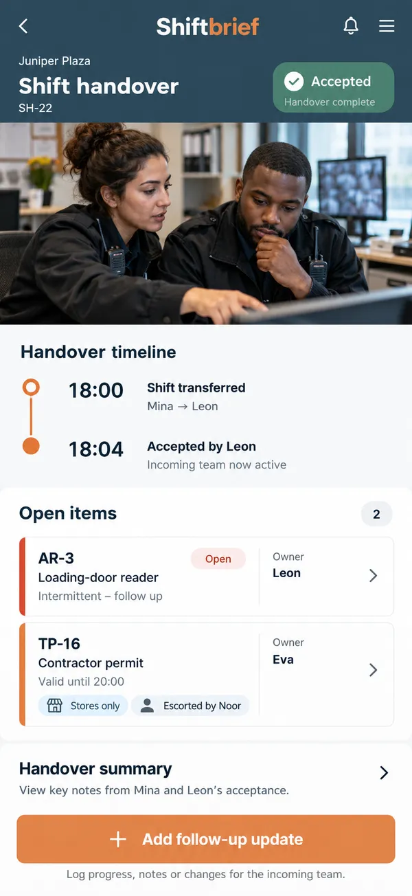 Shiftbrief security shift handover app: handover acceptance recorded while unfinished work stays open