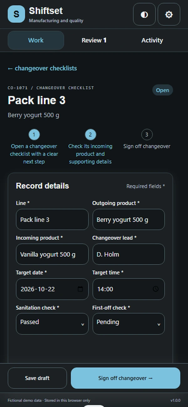 Shiftset: editable business record and action
