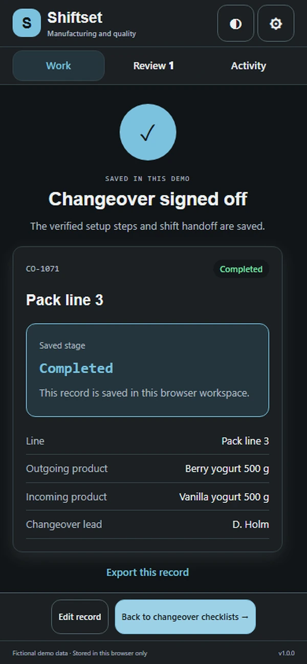 Shiftset: saved result with recorded details